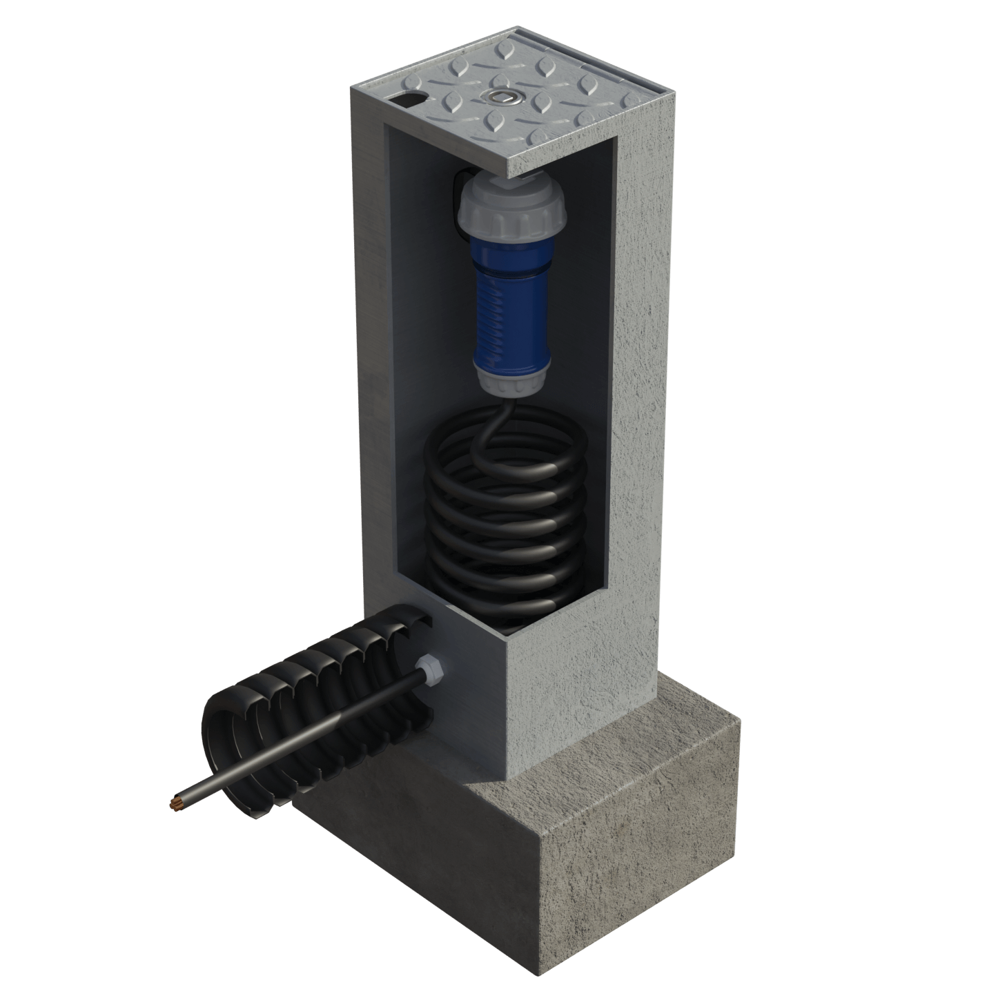 The Parc Paris power bollard from Pop Up Power Supplies showing how it opens easily to provide easy connection to electricity when required.